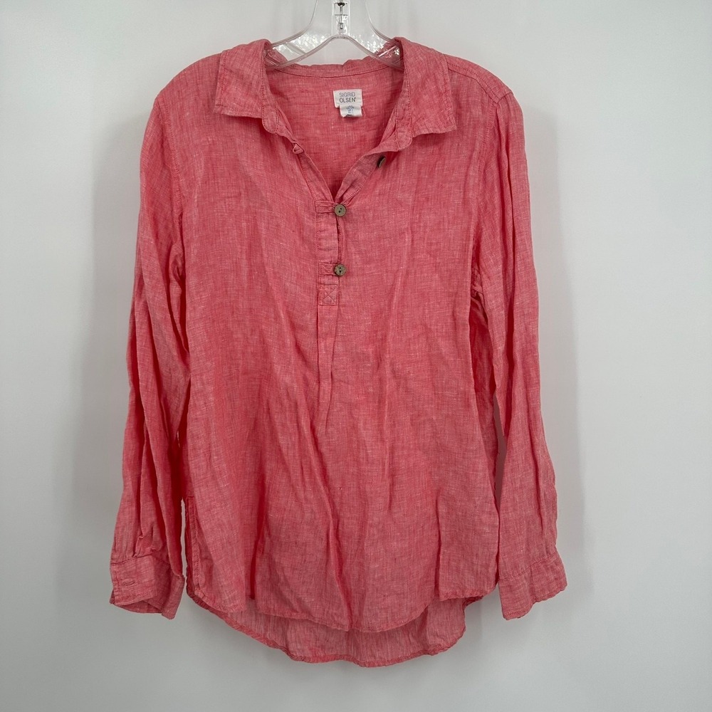 Sigrid Olsen Women Coastal Linen Tunic Top Size L Coral Minimalist Beachy Resort